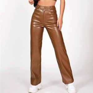 Petite Solid PU Leather Straight Leg Pants